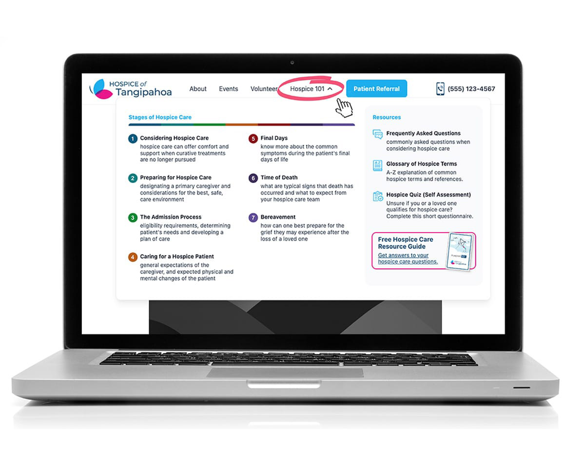 open laptop showing the hospice 101 educational content menu tab